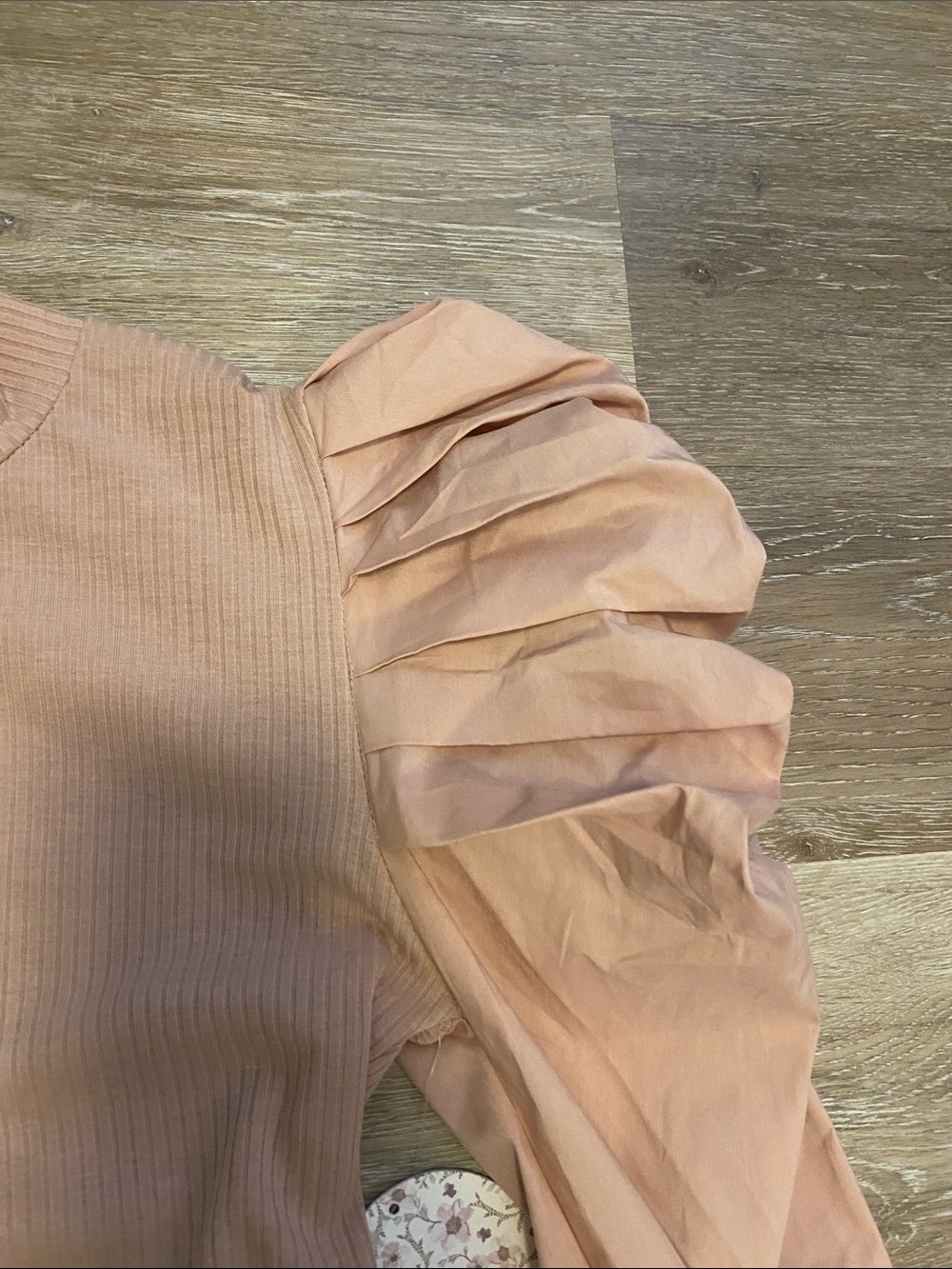 Ribbed Puff-Sleeve Mock Neck Top in Blush Pink - Picture 4 of 7